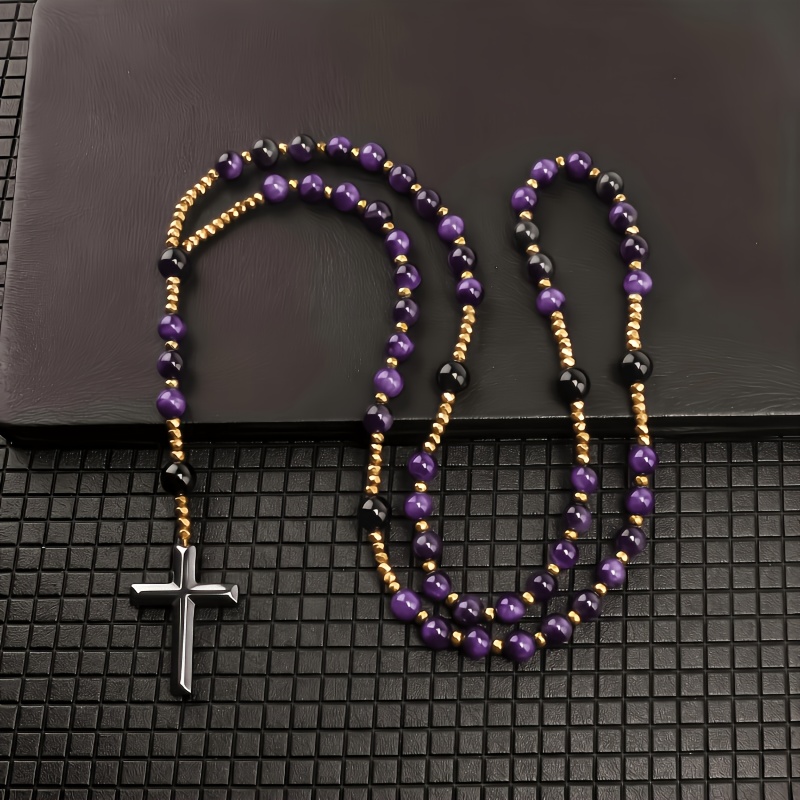 Blue Tiger Eye Cross Pendant Necklace, Unisex